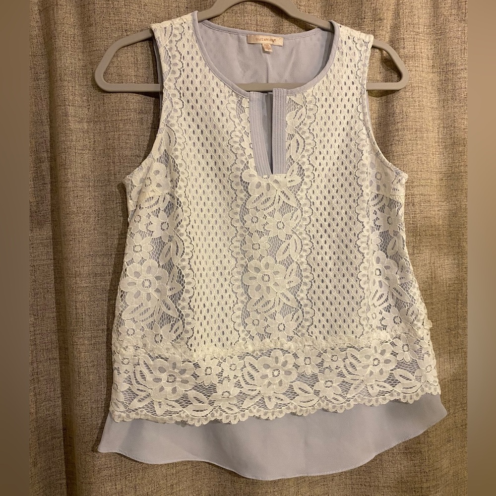 Skies Are Blue Floral Lace Overlay Sleeveless Top in Light Blue and White